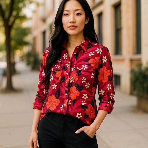 Lucky Brand sili Blouse For Women Size Medium Floral Print Roll Tab Sleeves - Picture 4 of 13